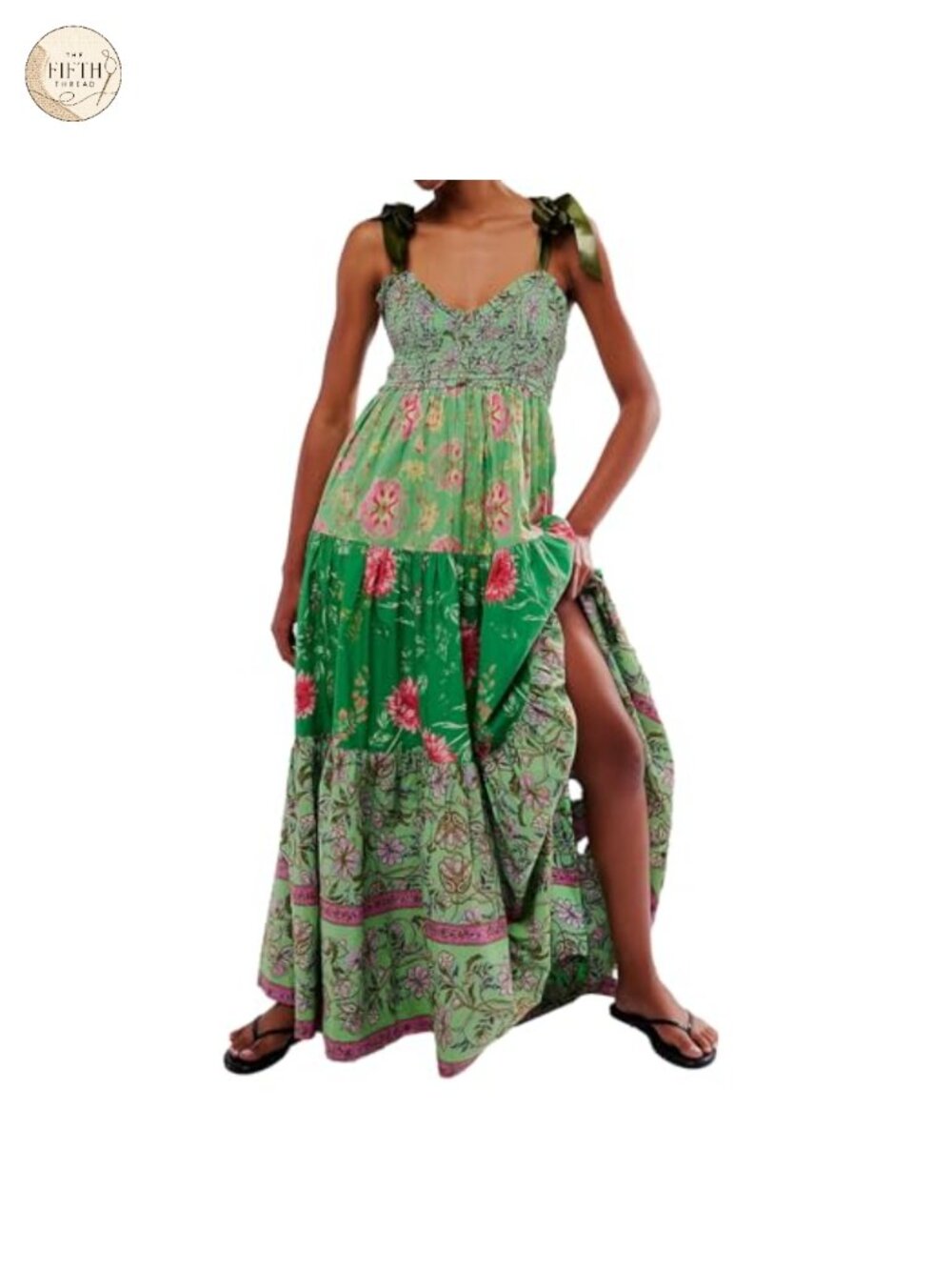 Women Floral Maxi Dress Smocked Tie Shoulder Tiered Sundress with Pockets